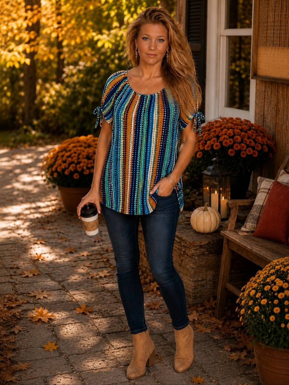 Relaxed Striped Short Sleeve Tunic in Blue, Teal & Orange